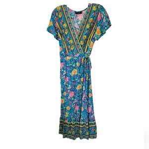 Zesica Blue Floral Boho Wrap Maxi Dress Size XL